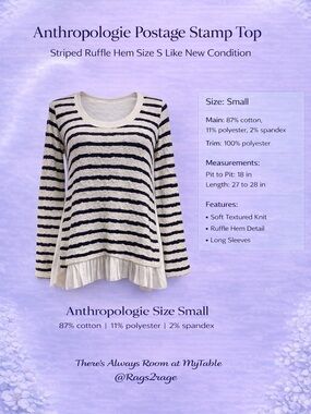 Anthropologie Postage Stamp Top Striped Ruffle Hem Size S